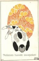Kellemes húsvéti ünnepeket! / Eastergreeting art postcard with egg and rabbit. II-1007. s: Paula Strenitz