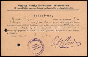 1944 Romeltakarítási munkaszolgálaton részt vevő zsidó személy részére kiadott mentességi igazolvány...