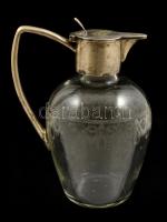 cca 1900 ezüst (Ag,) boros kancsó, jelzett, mesterjeggyel, gravírozott üveggel, m:19 cm