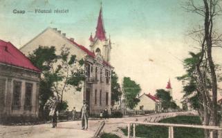 Csap, Chop; Fő utca, Református templom. Csapvidéki Fogyasztási Szövetkezet kiadása / main street, Calvinist church (EK)