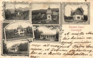 1907 Tátralomnic, Tatranska Lomnica; Karczag-Kopácsy, Báró Orczy, Gróf Pejacsevich, Fabinyi, Gerevich, Gróf Hunyady, Báró Schell és Báró Lipthay nyaralók. Kuszmann Gyula kiadása / villas. Art Nouveau, floral (apró szakadás / tiny tear)