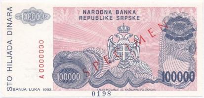 Bosznia-Hercegovina 1993. 100.000D "SPECIMEN" felülbélyegzéssel T:I
Bosnia and Herzegovin...