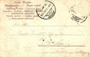 1905 Boldog Újévet! / New Year greeting card with pigs on a seesaw. Emb. litho (EK)