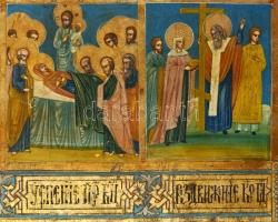 cca 1880 Krisztus feltámadása és a tizenkét nagy ünnep, orosz ikon, tojástempera, fa, sérüléssel, ap...