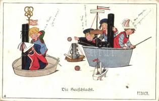 Die Seeschlacht / German Navy humour, children, art postcard, M. Munk Nr. 944, s: Pauli Ebner + K. u. K. Matrosenkorps I. Seebataillonskommando (kopott sarkak / worn corners)
