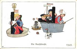 Die seeSchlacht / German Navy humour, children, art postcard, M. Munk Nr. 944, s: Pauli Ebner + K. u. K. Matrosenkorps Rekrutenschule (kopott sarkak / worn corners)