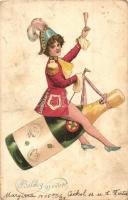 1905 Boldog Újévet! / New Year greeting card with lady and a champagne bottle between her legs. litho (EK)