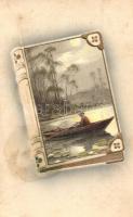 Rowing boat on a lake, landscape, idyll. Meissner & Buch Künstler-Postkarten Serie 1661. Abendstimmung Emb. litho (EK)