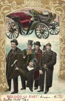 1906 Boldog Újévet! / New Year greeting with drunk men, humor. Art Nouveau Emb. litho frame (EK)