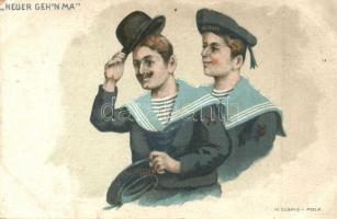 Heuer gehn ma / K.u.K. Kriegsmarine mariner humour art postcard, M. Clapis Pola, litho (EK)