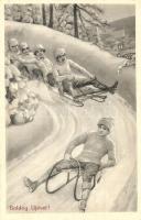 1913 Boldog Újévet! / New Year greeting art postcard with sledding people in winter. Serie 201. 1-4.