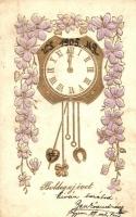 1904 Boldog Újévet! / New Year greeting card with clock. Art Nouveau, floral, Emb. litho (EK)