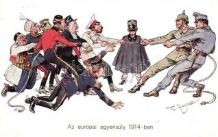 Az európai egyensúly 1914-ben / Balance between the Entente Powers and Central Powers. WWI military mocking propaganda art postcard. M. Munk Wien Nr. 935. s: Theodor Zasche