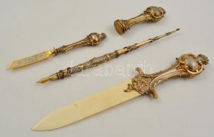 Aranyozott ezüst (Ag.) író szett ( 4db), jelzett, elefántcsont nyéllel (apró lepattanás a végén), dí...