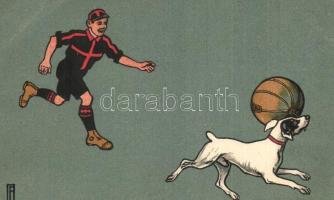 1911 Football palyer with dog. Série 105. Clément, Tournier & Cie. Geneve litho, artist signed