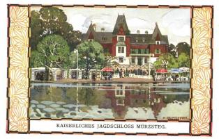 1910 Wien, Erste Internationale Jagdausstellung. Kaiserliches Jagdschloss Mürzsteg / The First International Hunting Exposition in Vienna. Advertisement art postcard s: H. Kalmsteiner