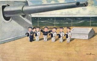 K.u.K. Kriegsmarine humour, children mariners on a battleship, art postcard, s: Ad. Hofmann + K. u. K. Matrosen Korps 10. Kompagnie (kopott sarkak / worn corners)