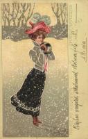 1902 Schneeflocken / Flocons de Neige / Lady ice skating in winter. Art Nouveau Emb. litho (EB)