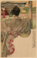 Iris / Japanese geisha, opera. Italian Art Nouveau postcard. Officine G. Ricordi & C. 020. litho s: Giovanni Maria Mataloni