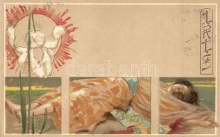 Iris / Japanese geisha, opera. Italian Art Nouveau postcard. Officine G. Ricordi & C. 016. litho s: Giovanni Maria Mataloni
