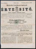 1861 Miskloczi tudakozó-intézeti értesítő száma előfizetési fölhívással, rajta 1kr hirdetmény bélyeggel