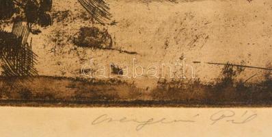 Csergezán Pál (1924-1996): Esti Duna-part, rézkarc, papír, jelzett, 19,5×38 cm