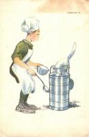 Cserkész tejes tartállyal. kiadja a Magyar Cserkészszövetség Nagytábortanácsa, 1926. / scout with milk, art postcard s: Márton L. (EK)