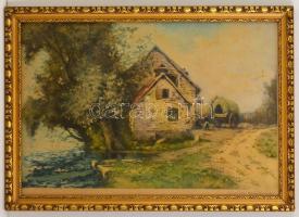 Simone Hanmont (?-?): Ház a vízpartnál. Ofszet, papír, üvegezett keretben, 36×53 cm