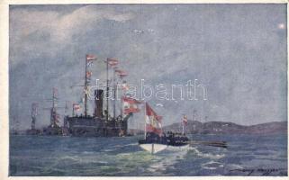 Die Seeschlacht bei Lissa. Flaggengala im Hafen von Lissa. / K.u.K. Kriegsmarine, Österr. Flottenverein Nr F. 112. s: Harry Heusser (EK)