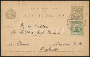 1902 Díjjegyes levelezőlap Turul 5f díjkiegészítéssel / PS-card with 5f additional franking "POZSONY" - London