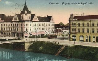 Temesvár, Timisoara; Horgony palota és Royal szálloda, villamos, híd / palace, hotel, tram, bridge (Rb)
