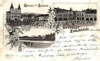 1898 Zsolna, Sillein, Zilina; templom, híd, Fő tér. Nürnberg Ármin kiadása / church, bridge, main square. Art Nouveau, floral, litho (EK)