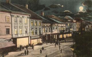 1913 Kassa, Kosice; Fő utca este, Grünwald és Szakmáry és Zilahy üzlete / main street at night, shops