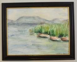 Szilvásy Margit (?-?): Balatoni látkép. Akvarell, papír, fa keretben, 21×27 cm