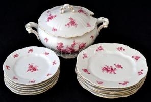 Zsolnay virág mintás hat személyes étkészlet, matricás, jelzett, hibátlan, apró kopással, összesen: ...