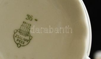 Zsolnay teás készlet, fehér mázas, festett arany peremmel, hiányos, jelzett, apró kopással