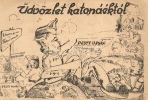 Üdvözlet katonáéktól! Pesti újságot olvasó katonák. 1. honv. gyalogezred Tábori posta 11. / WWII Hungarian military art postcard with soldiers reading newspapers (EK)