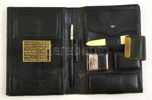 Bőr mappa írókészlethez, készlettel, sérült, kulcs nélkül, 20×14 cm