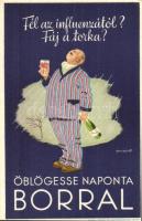 Fél az influenzától? Fáj a torka? Öblögesse naponta borral; kiadja a Szőlő- és Borpropaganda Iroda / Hungarian wine advertisement, humour s: Gönczi Gebhardt (EK)