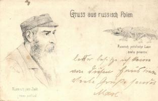 Gruss aus russisch Polen! Russisch polnische Laus (bestia pisacca), Russisch poln. Jude (Homo profilus) / Jewish louse. WWI anti-Semitic Judaica art postcard. Preiss & Kassler s: F. Preiss (EK)