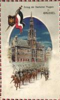 Einzug der Deutschen Truppen in Brüssel / WWI entry of the German troops to Brussels. M.S.i.B. 58. Coat of arms and flag, Emb. hold to light litho