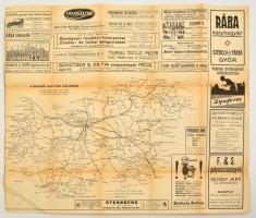 cca 1920-1940 Magyar vasutak hálózata, rengeteg korabeli reklámmal, szakadással, 27x39 cm