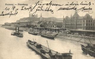 1908 Pozsony, Pressburg, Bratislava; rakpart uszályokkal / wharf with barges (EK)