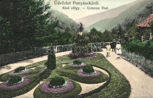 1910 Ponyászka, Poneasca (Bozovics, Bozovici); Alsó völgy. Kiadja Weisz Félix / Unteres Thal / lower valley, park (kis szakadás / small tear)