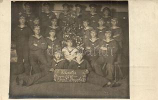 1916 Silvester, Prosit Neujahr! K.M. Werft. Division und K.M. Torpedo. Division / WWI German (Kaiserliche Marine) Navy, mariners group photo at New Years Eve with Christmas tree. photo