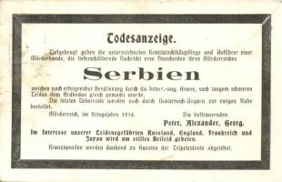 1914 Todesanzeige. Serbien. Mörderreich / WWI Obituary card of Serbia. Murdered by Austro-Hungary