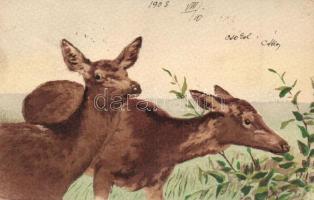 1903 Hand-painted greeting card with deer (EK)