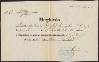 1864 Pest, Huszár részére kiállított meghívó, mely felszólít a főkapitányi hivatalban való megjelenésre