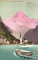 Flüelen, Bristenstock, Grand Hotel Adlen, steamship with Swiss flag, church (EK)