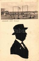 Venice, Venezia; Lido, Spiaggia / gymnastics exercises. Cut-out silhouette glued on postcard (EK)